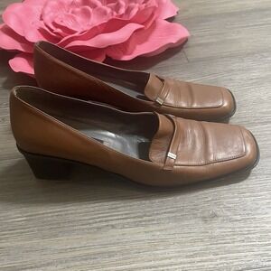 BALLY Womens Sz 9M Brown Leather Logo Square Toe Block Heel Pumps Office‎ Work